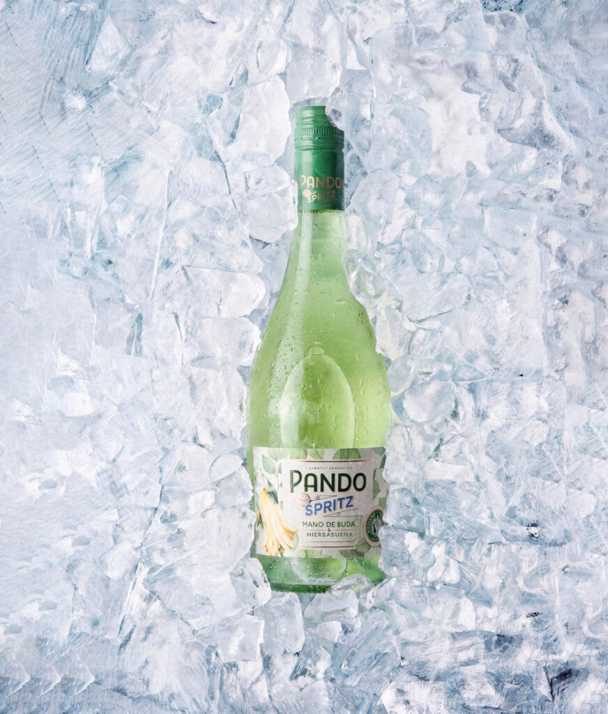 Botella de Pando Spritz sobre hielo picado